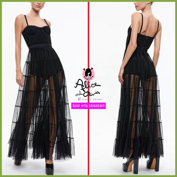 Alice + Olivia Deena Pleated Maxi Black Tulle Dress With Hot Pant